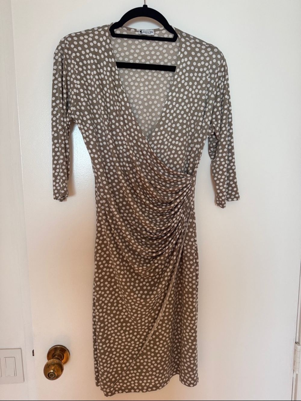Polka Dot Faux-Wrap Midi Dress in Taupe